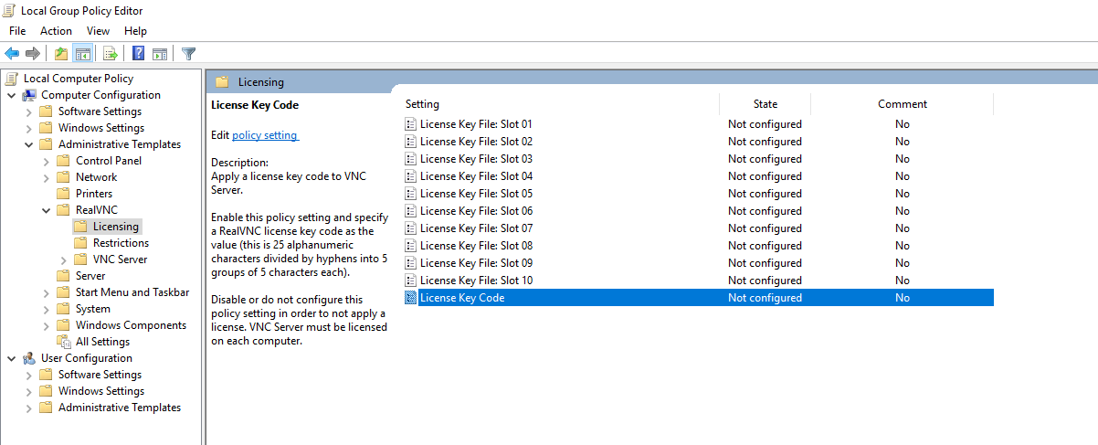 enter realvnc enterprise license with group policy